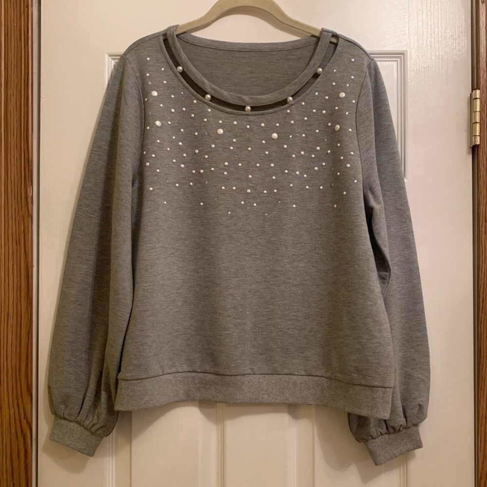 Light Heather grey pullover long sleeve with pearls and rhinestones